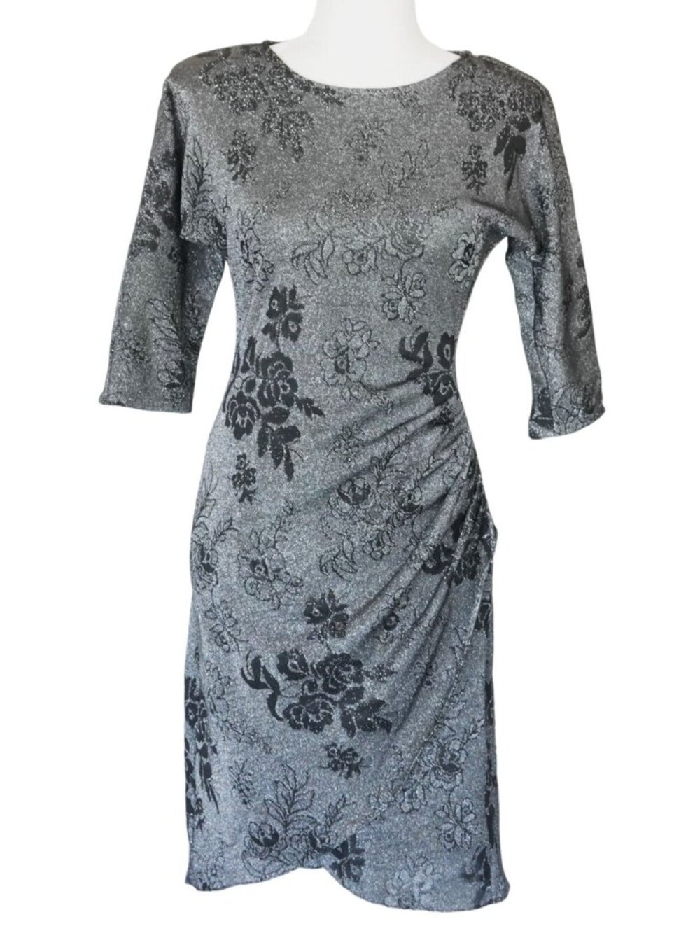 Vintage‎ Unbranded Floral Metallic Ruched Sheath Dress Women Size 5 Silver Black